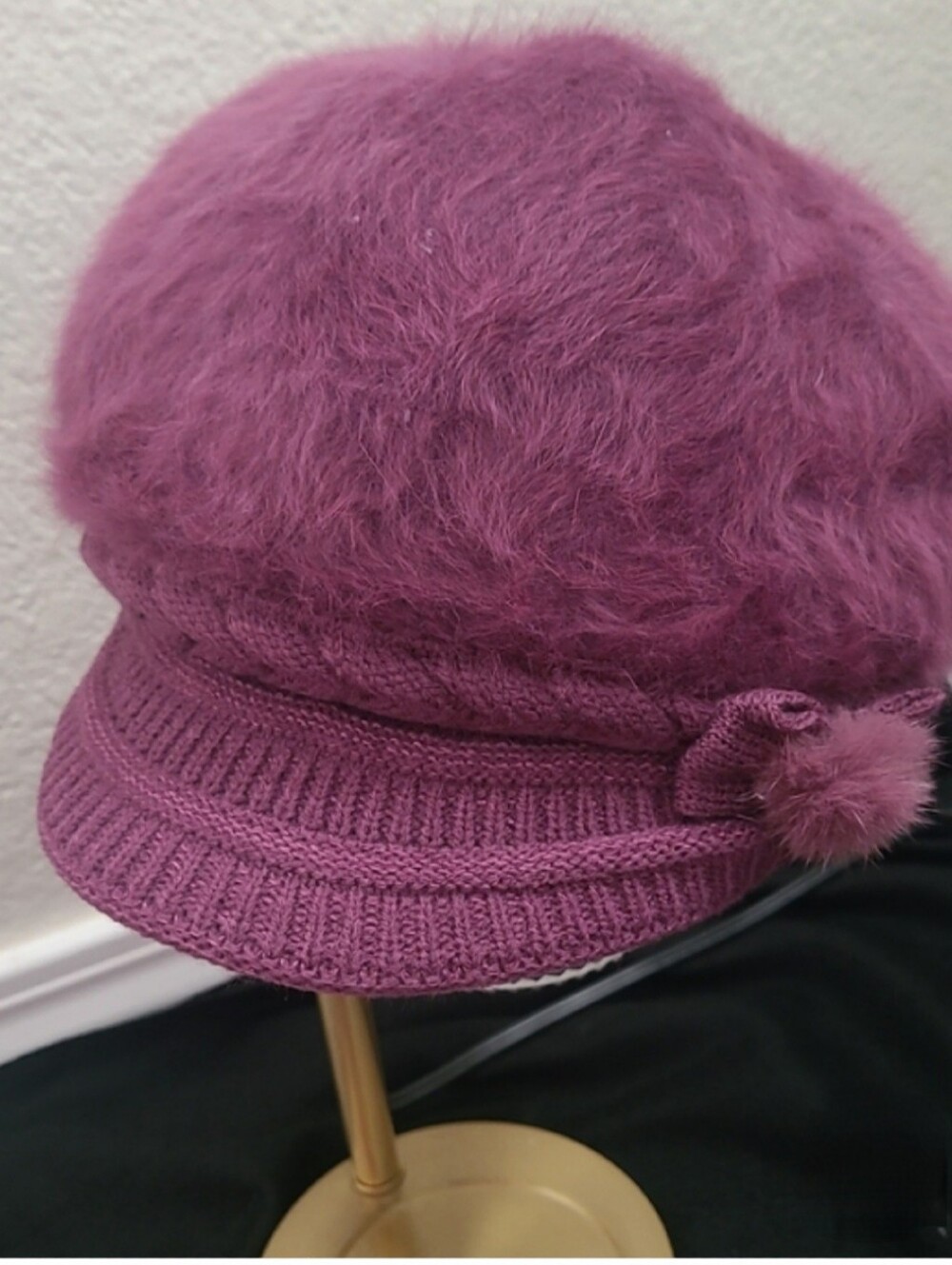 Women’s Beret Hat Angora Pom Pom Beanie - Purple - Picture 8 of 8